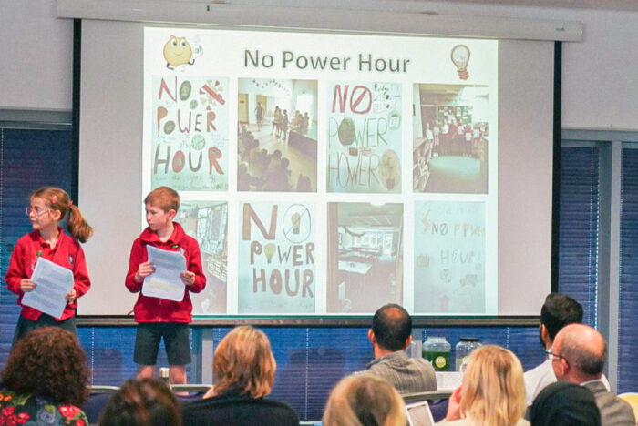 OPC Schools Event Children at a school talking about power usage