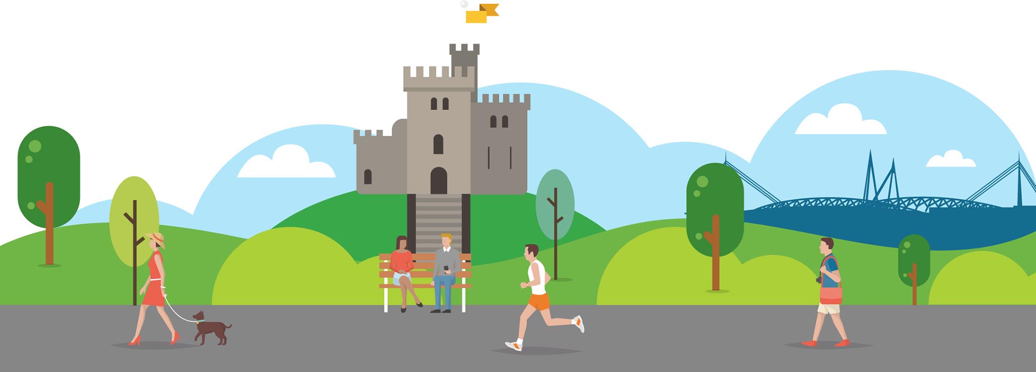 Cardiff castle with people running