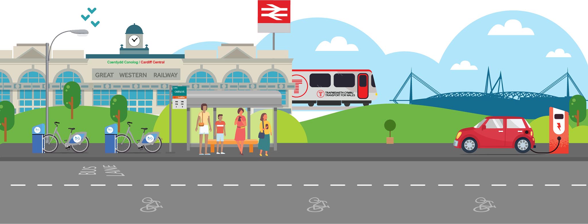 Vector of a cardiff street and train station